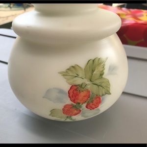 White glass cookie jar w/lid/strawberries